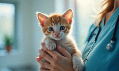 Jeune chaton tenu par un veterinaire dans une clinique lumineuse