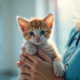 Jeune chaton tenu par un veterinaire dans une clinique lumineuse