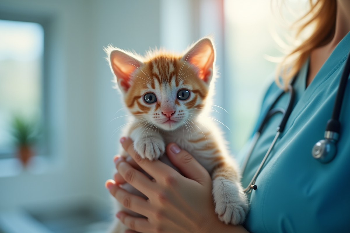 Jeune chaton tenu par un veterinaire dans une clinique lumineuse