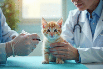 Jeune chaton examiné par un vétérinaire dans une clinique lumineuse