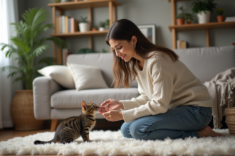 Jeune femme avec chaton dans un salon chaleureux