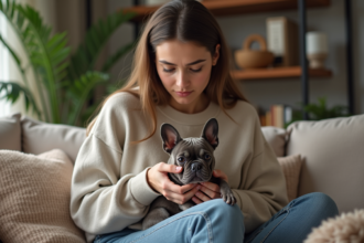 Jeune femme tenant un petit chien dans un salon chaleureux
