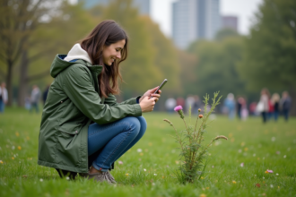 Jeune femme en parc urbain photographiant une fleur avec son smartphone