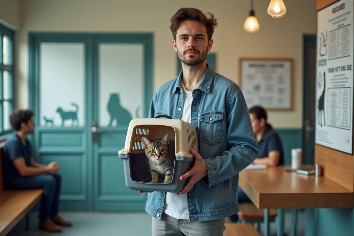 Jeune homme avec un chat dans une cage à la reception