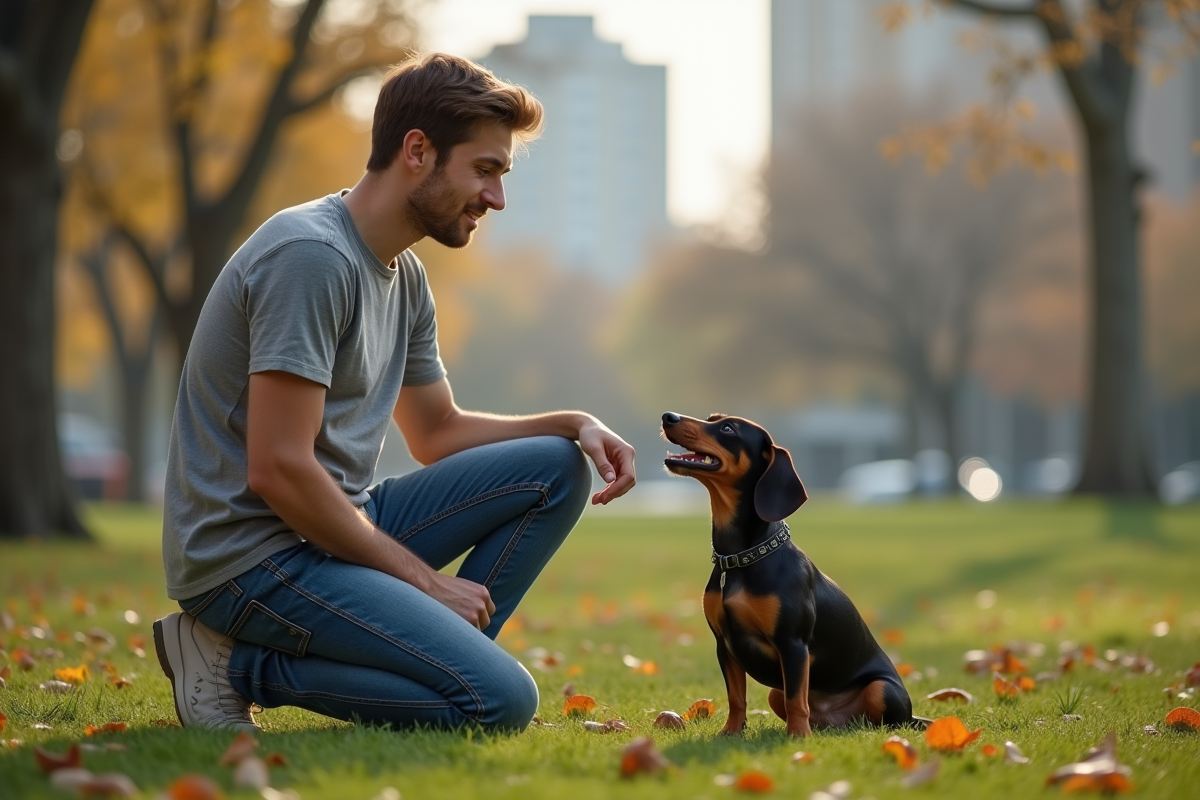Jeune homme avec un dachshund dans un parc urbain