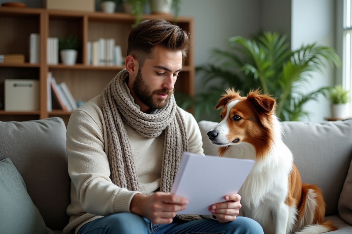 Jeune homme avec chien regardant documents à la maison