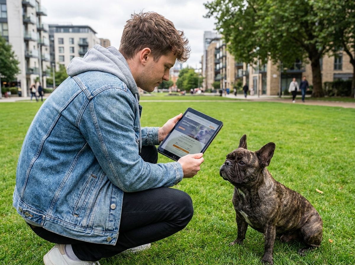 Jeune homme avec chien bulldog français dans un parc urbain