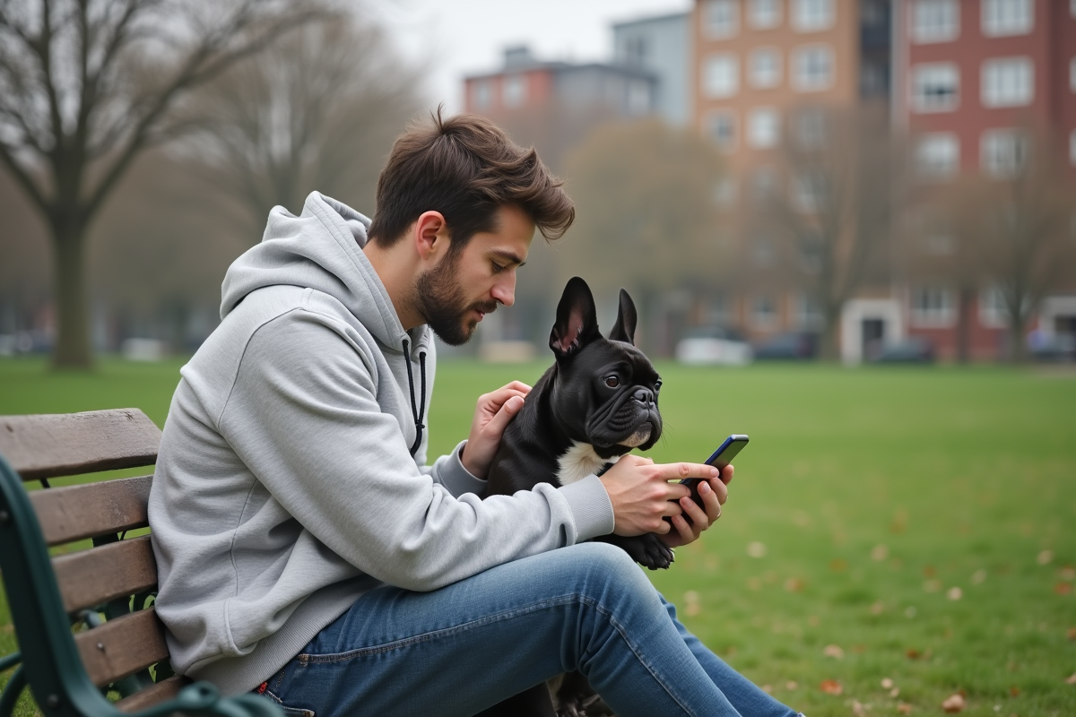 Jeune homme dans un parc caressant son chien et regardant son smartphone