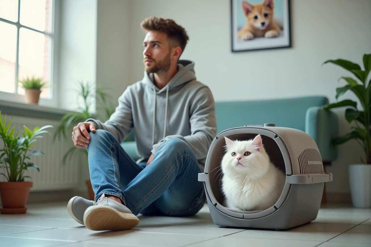 Jeune homme avec chat dans salle d