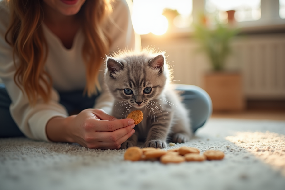 Jeune personne tenant un chaton angora gris avec des friandises