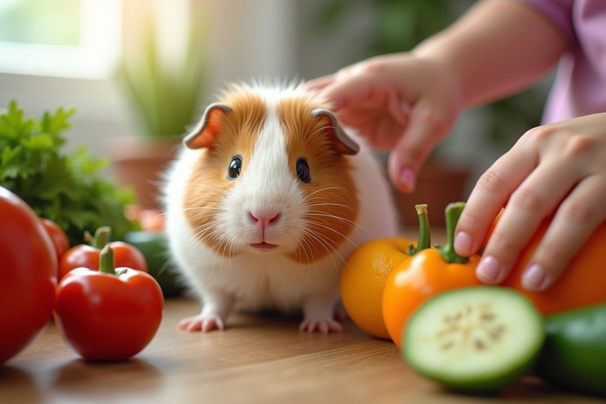 Enfants nourrissant un cobaye avec des légumes colorés