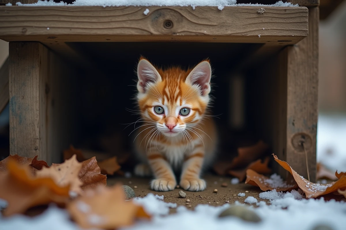Jeune chaton orange sous un porche en extérieur en hiver
