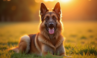 Chien Laekenois belge dans un champ ensoleille lors d'une golden hour