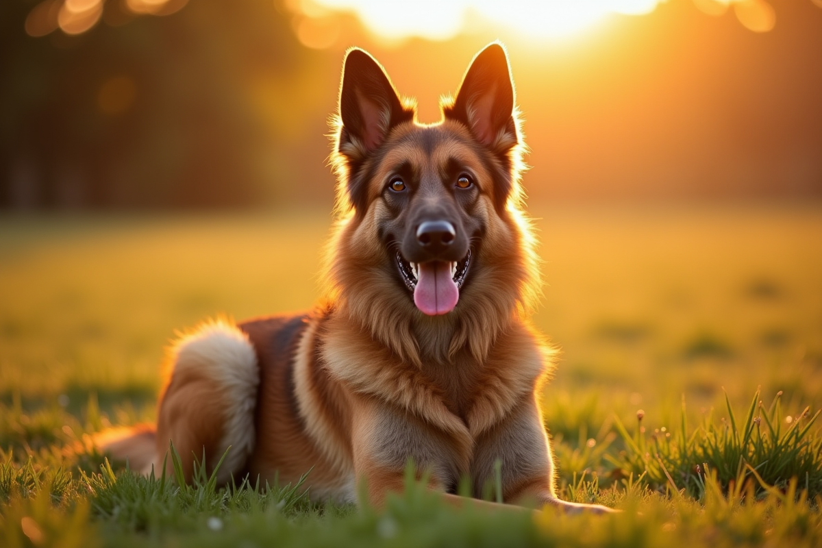Chien Laekenois belge dans un champ ensoleille lors d'une golden hour