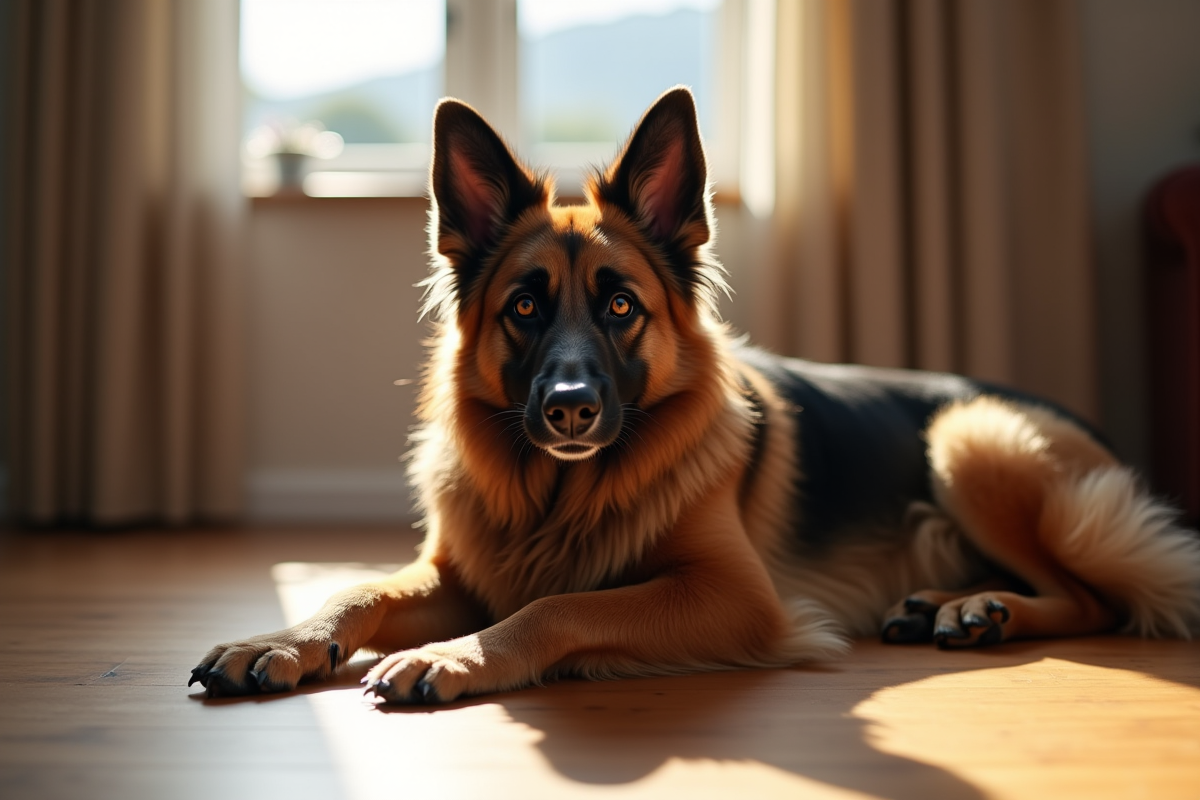 Chien Laekenois belge à l’intérieur près d’une fenêtre en lumière douce