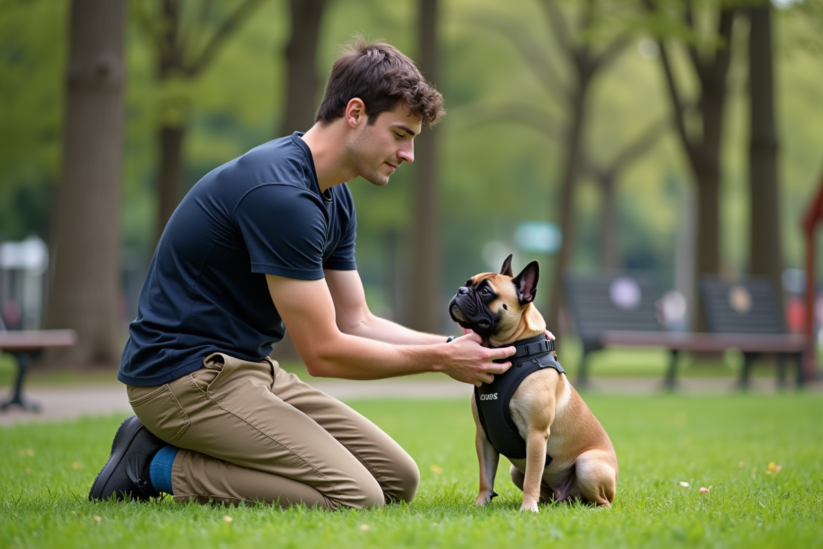 Jeune homme mesurant le cou de son chien dans un parc en plein air