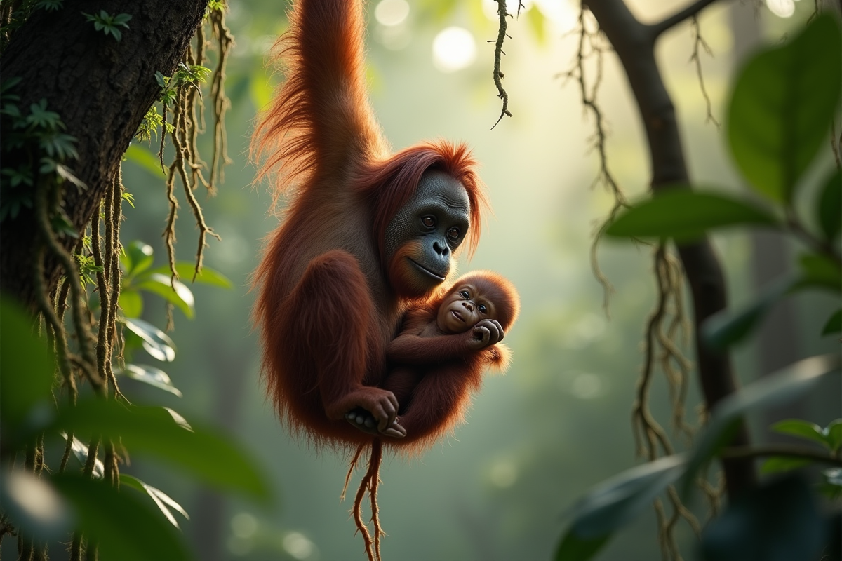 Mère orangutan tenant son bébé dans la canopée forestière