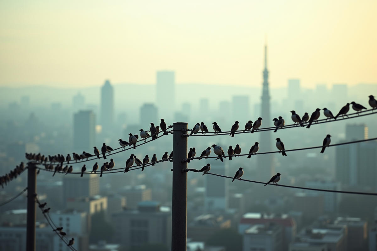 Oiseaux perchés sur lignes électriques au-dessus d