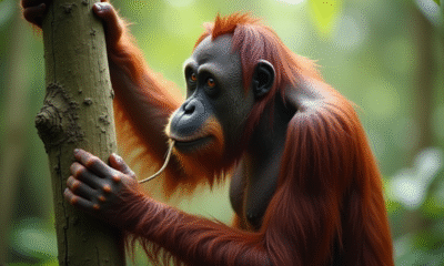 Orangutan solitaire utilisant un bâton dans la forêt tropicale