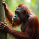 Orangutan solitaire utilisant un bâton dans la forêt tropicale