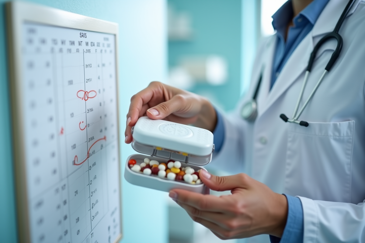 Vétérinaire tenant un organisateur de médicaments près d’un calendrier
