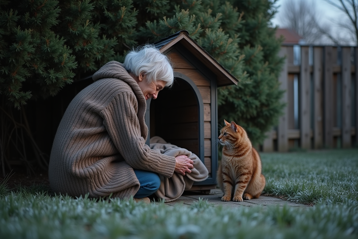 Personne âgée plaçant une couverture dans un abri pour chat