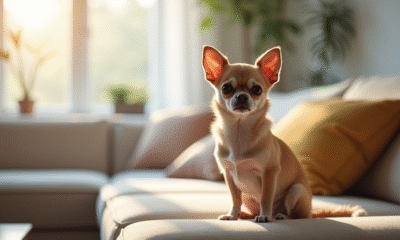 Chihuahua assis seul sur un canapé lumineux