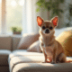 Chihuahua assis seul sur un canapé lumineux