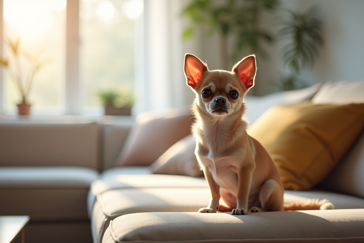 Chihuahua assis seul sur un canapé lumineux