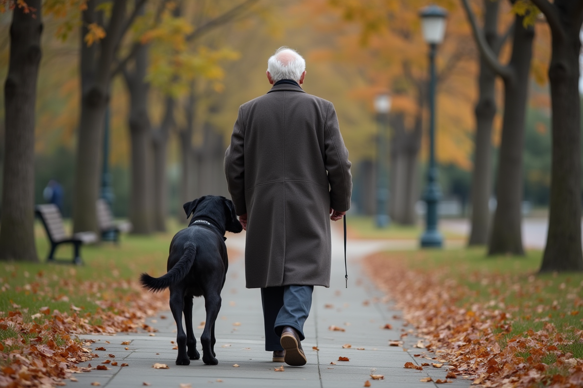 Labrador noir âgé et homme lors d