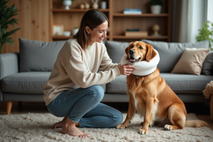 Femme mettant un collier de récupération à un chien dans un salon chaleureux