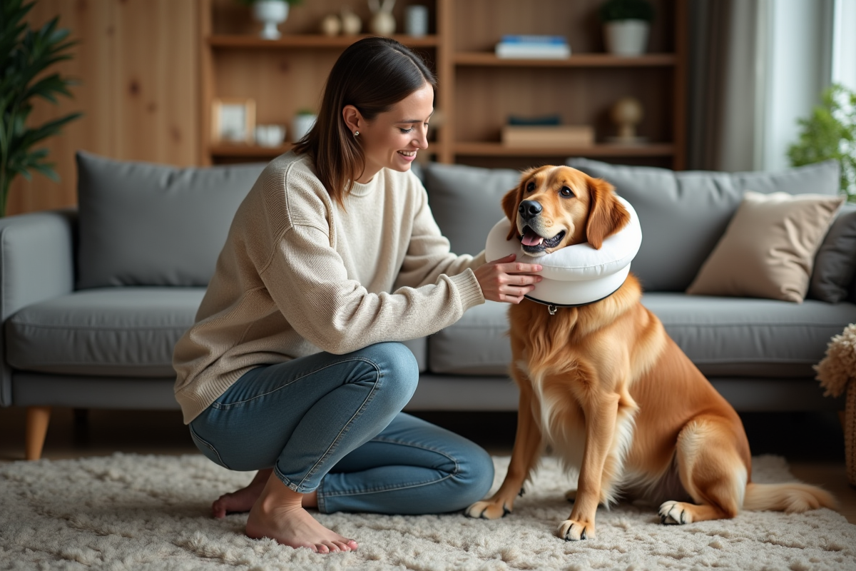 Femme mettant un collier de récupération à un chien dans un salon chaleureux