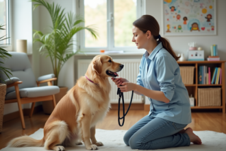 Therapeute avec chien en salle lumineuse et chaleureuse