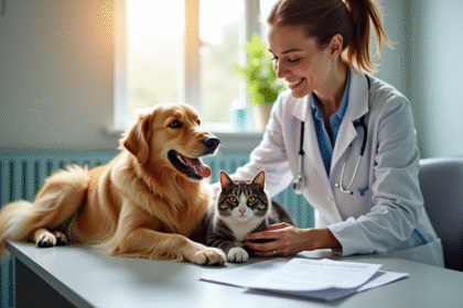 Vétérinaire examinant un chien et un chat dans une clinique