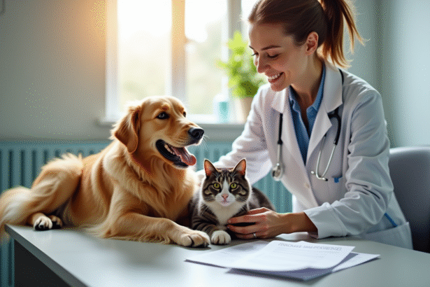 Vétérinaire examinant un chien et un chat dans une clinique
