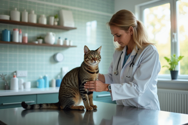 Vétérinaire examinant un chat tacheté dans un cabinet moderne