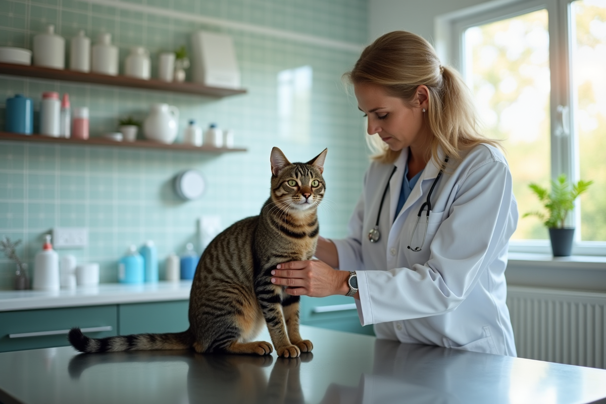 Vétérinaire examinant un chat tacheté dans un cabinet moderne