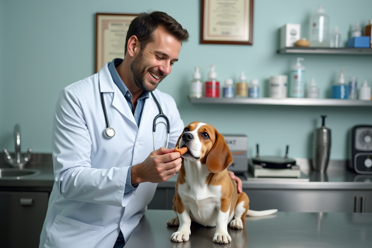 Vétérinaire montrant soin dentaire à un chien dans clinique