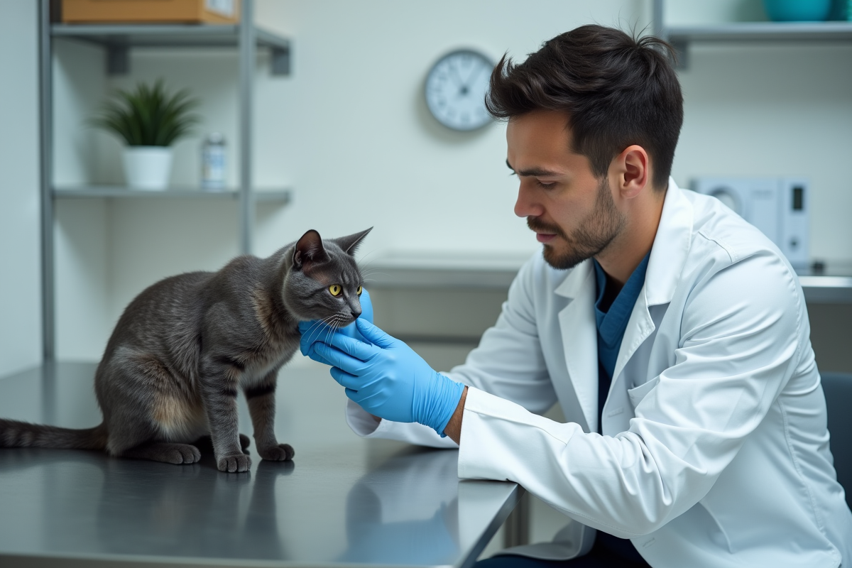 Vétérinaire examine un chat gris dans une clinique moderne