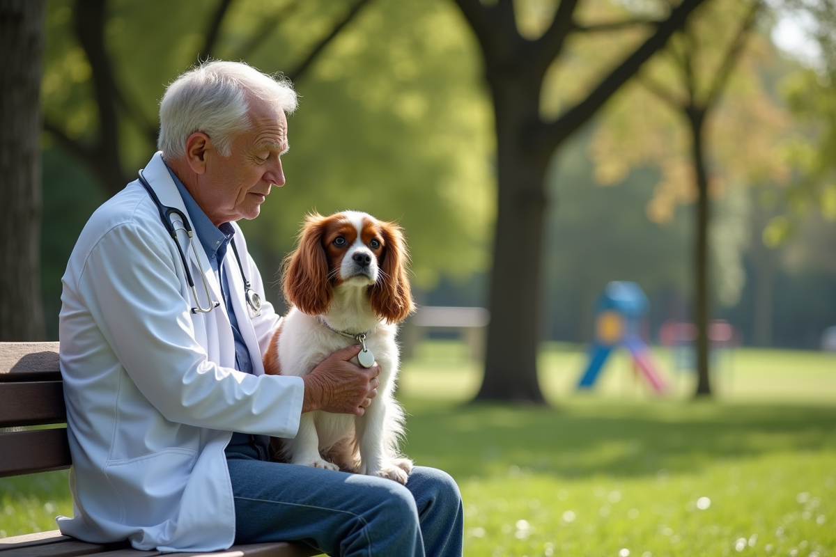 Vétérinaire examinant un chien dans un parc naturel
