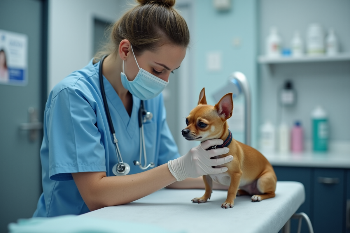 Vétérinaire examinant un chihuahua sur une table moderne