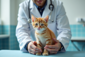 Vétérinaire jeune tenant un chaton ginger en consultation