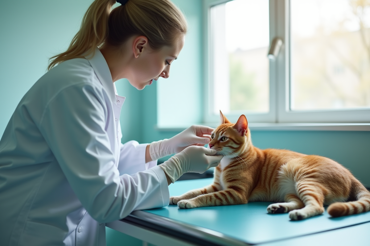 Vétérinaire examinant un chat blessé dans une clinique lumineuse