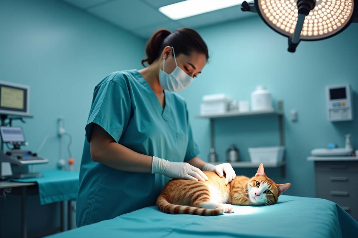 Vétérinaire en blouse surveillant un chat en chirurgie