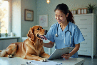 Vétérinaire souriante examinant un retriever dans une clinique moderne