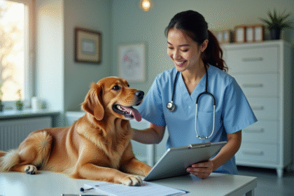 Vétérinaire souriante examinant un retriever dans une clinique moderne