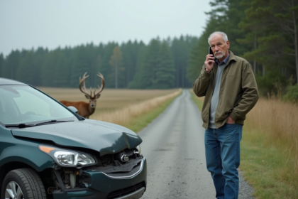 Homme au téléphone près de sa voiture endommagée en campagne