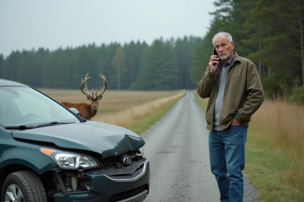 Homme au téléphone près de sa voiture endommagée en campagne